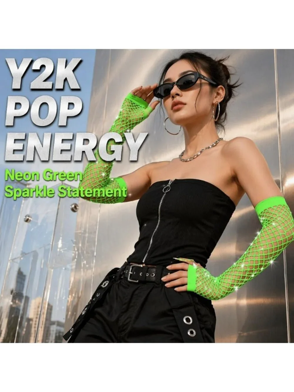 Women's Green Long Fishnet Fingerless Gloves Nylon Rhinestone 80s Party Cosplay